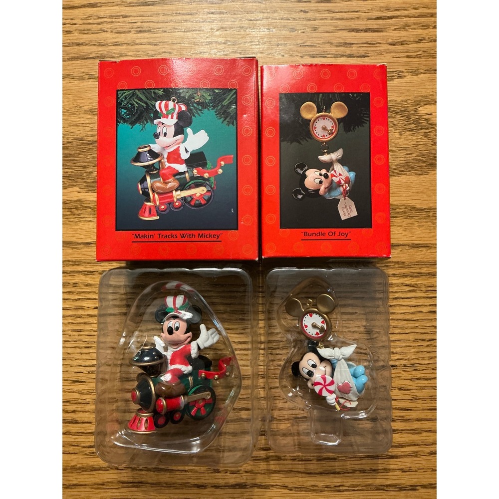 Enesco Disney Mickey & Co Christmas Ornaments Makin Tracks & Bundle of Joy Set